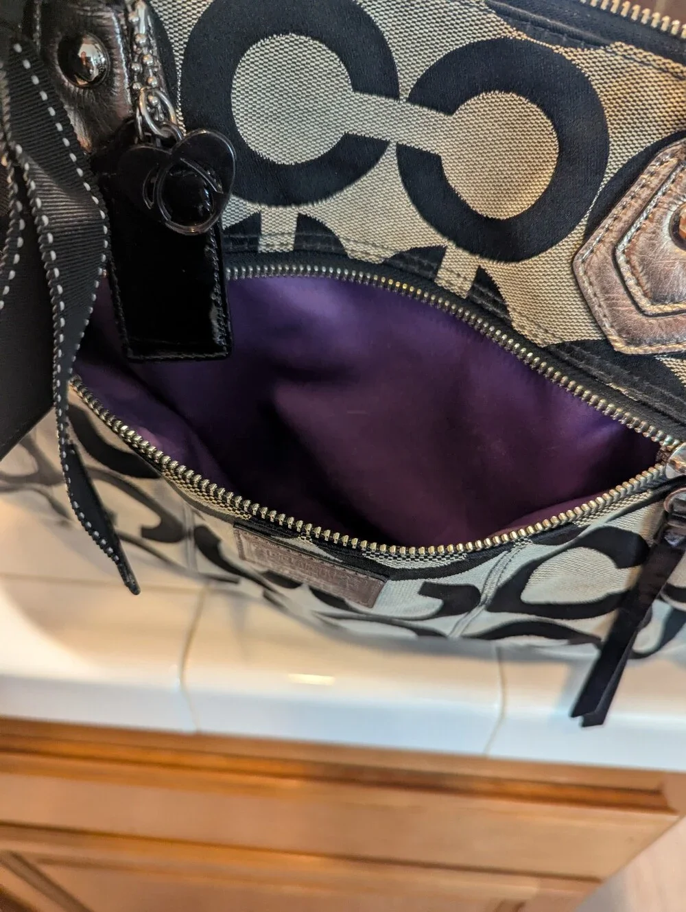 Y2K Coach Black & Gray Signature 'C' Tote with Ribbon Charm